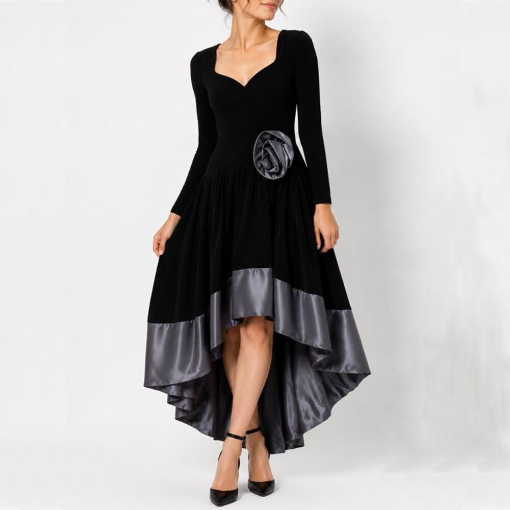 Morton Myles for The Warrens Black Velvet Hi Lo Evening Dress Satin Trim Rosette